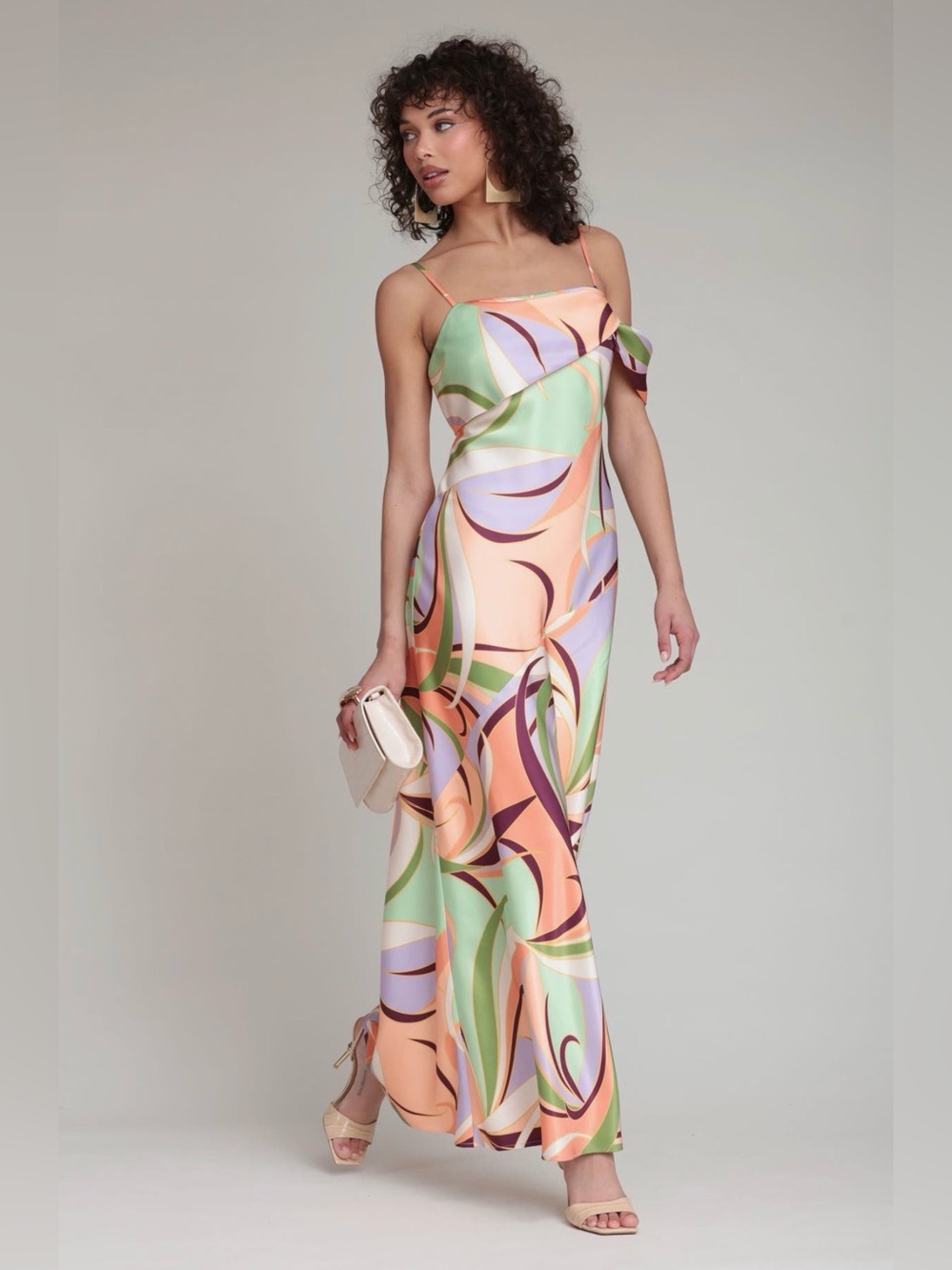 Avec Les Files Floral Print Asymmetric Satin Maxi Dress